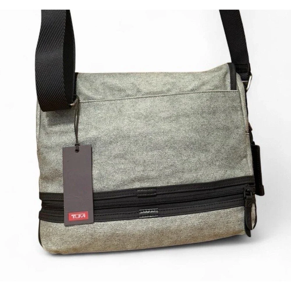 NWT Tumi Beale Crossbody Bag Gray w Black Leather Expandable Adjustable Strap